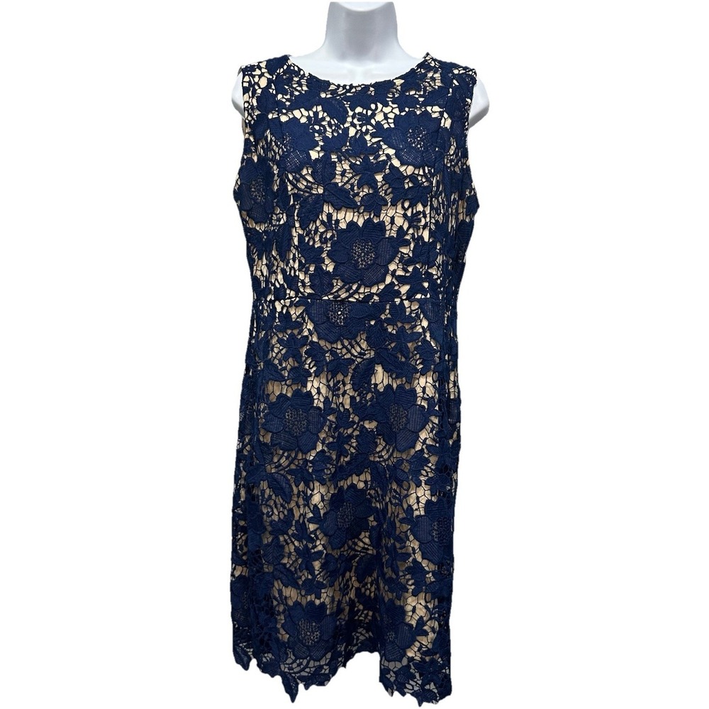 Ryan Michelle Midi Dress Women's Size XL Navy Blue Lace Sleeveless Lining Zip Up